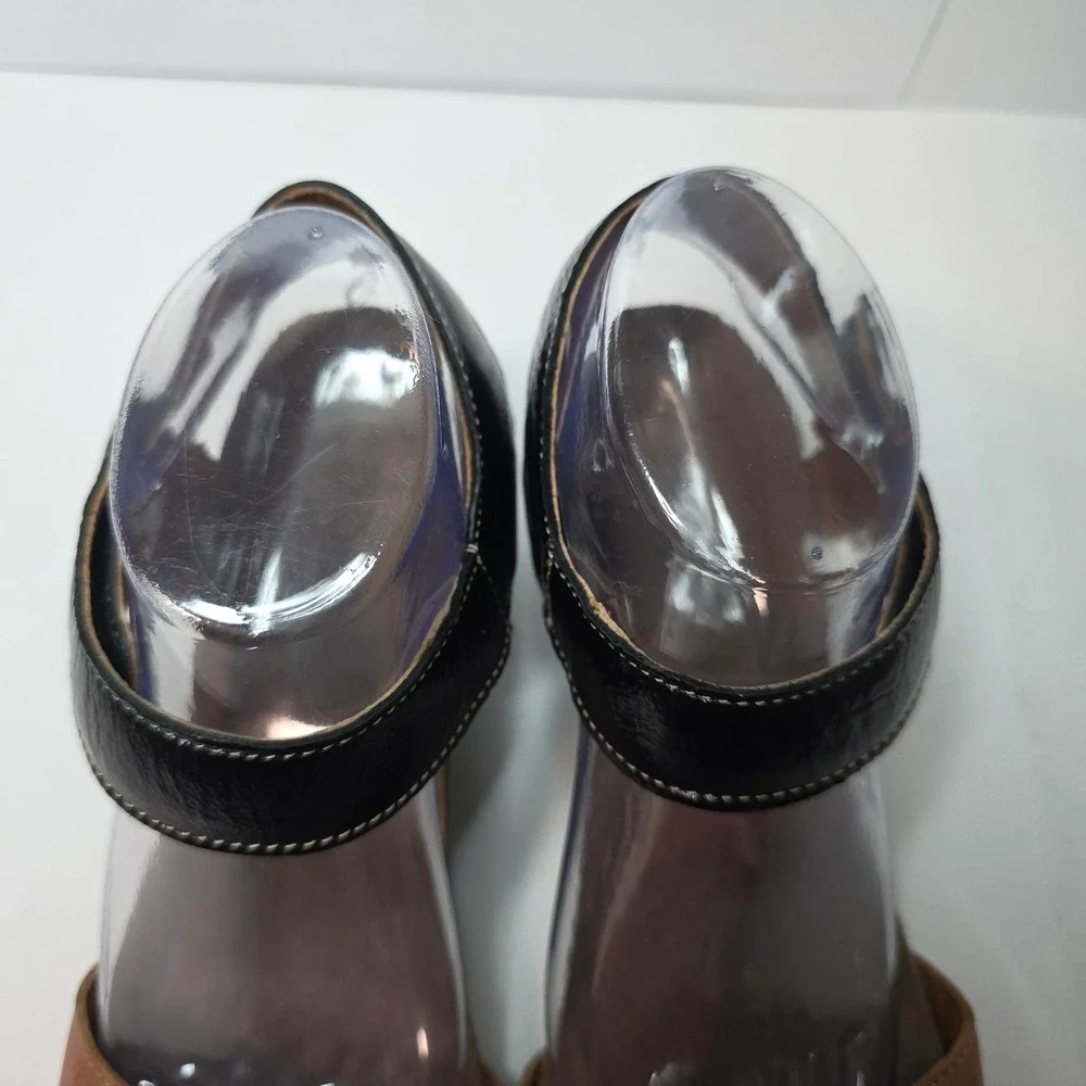 Taos Women's Wedge Sandals Patten Black Tan Leather Ankle‎ Strap Size 41 Comfy